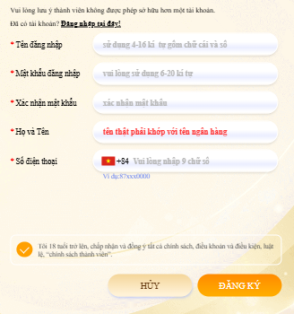 Thông tin cần điền khi đăng ký tài khoản NK88 chính thức